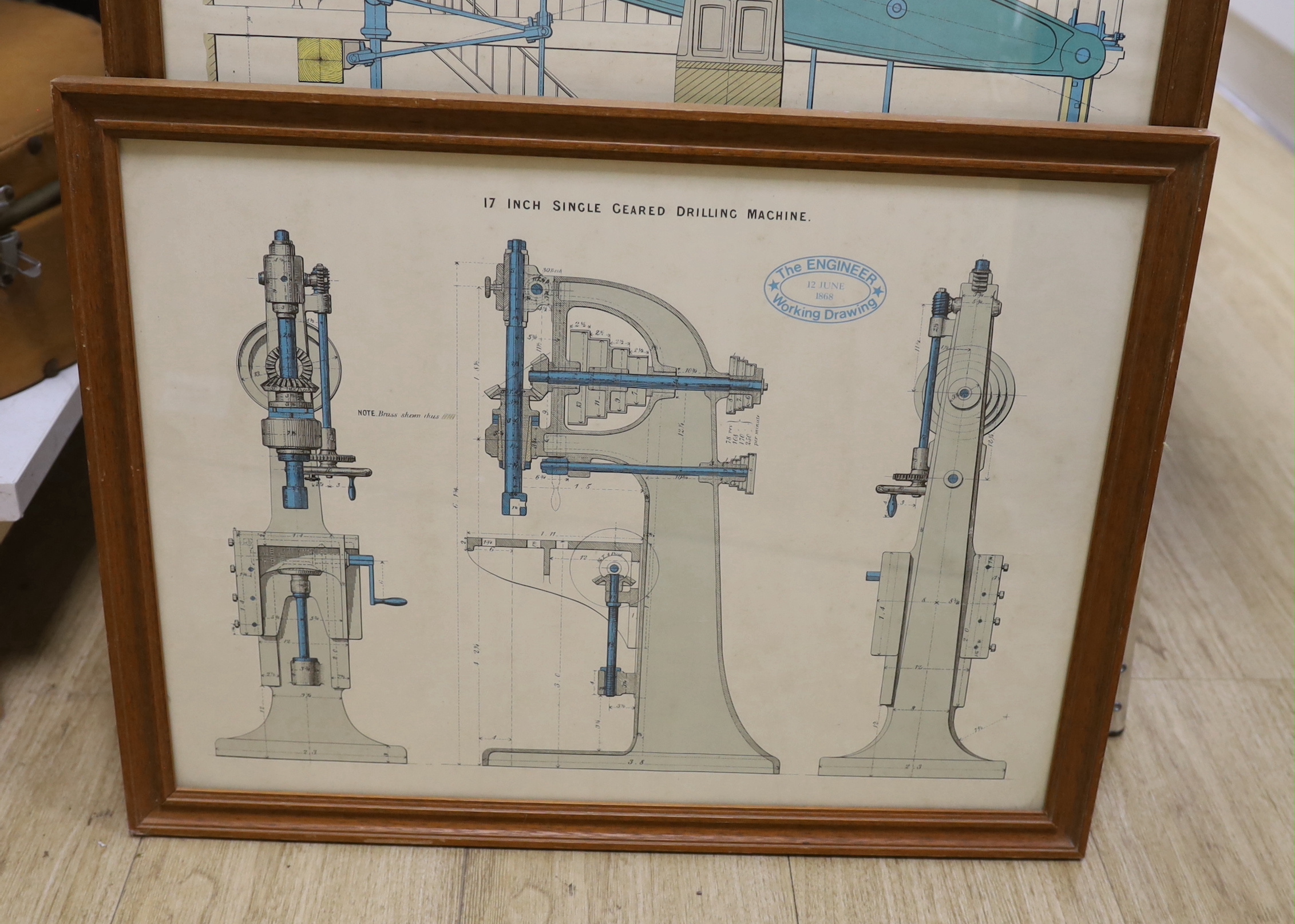 Five framed engineer’s drawings, printed supplements from The Engineer magazine, including; a Cornish Pumping Engine, North London Railway 4-wheel carriage, Sterling Single locomotive, etc. largest 58.5 x 85.5cm